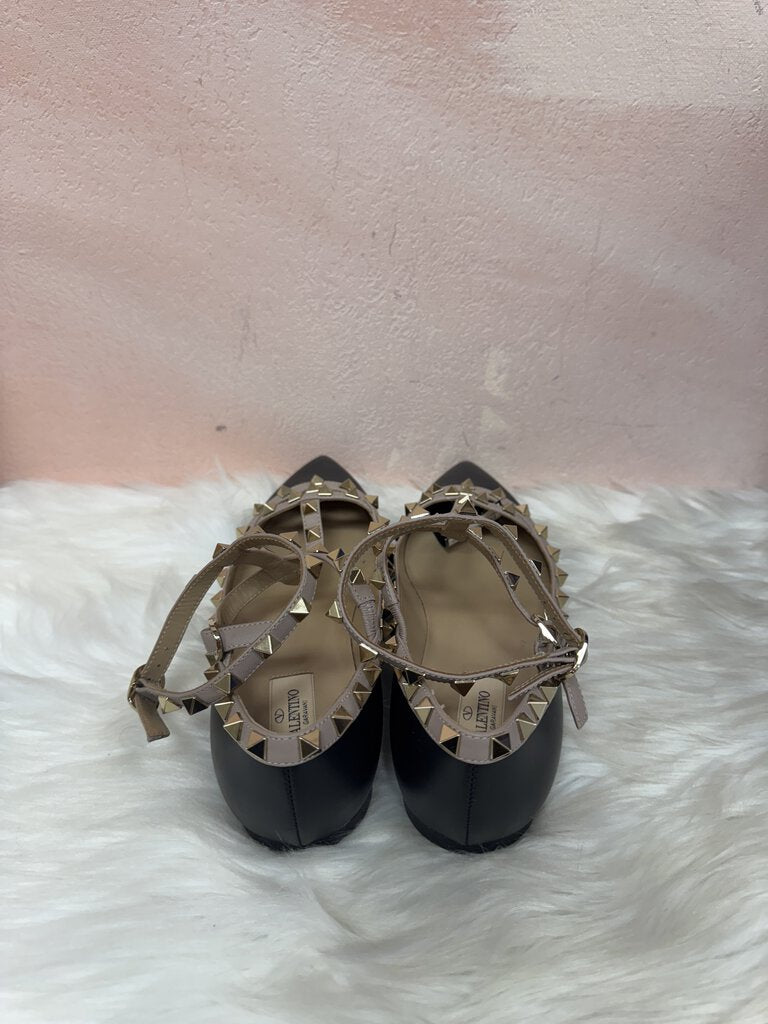 Valentino Black Rockstud Ankle Strap Flat w/Box