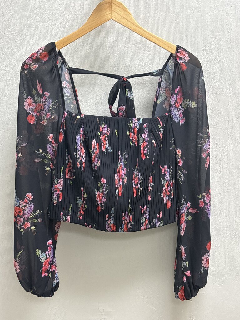 Amur Pleated Long Sleeve Floral Top with Tie Back