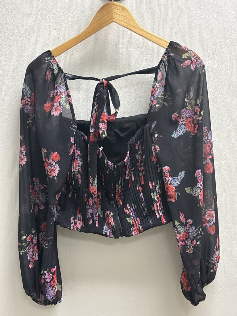 Amur Pleated Long Sleeve Floral Top with Tie Back