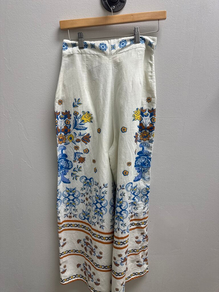 Carolina K Blue Floral Linen Wide Leg Trouser
