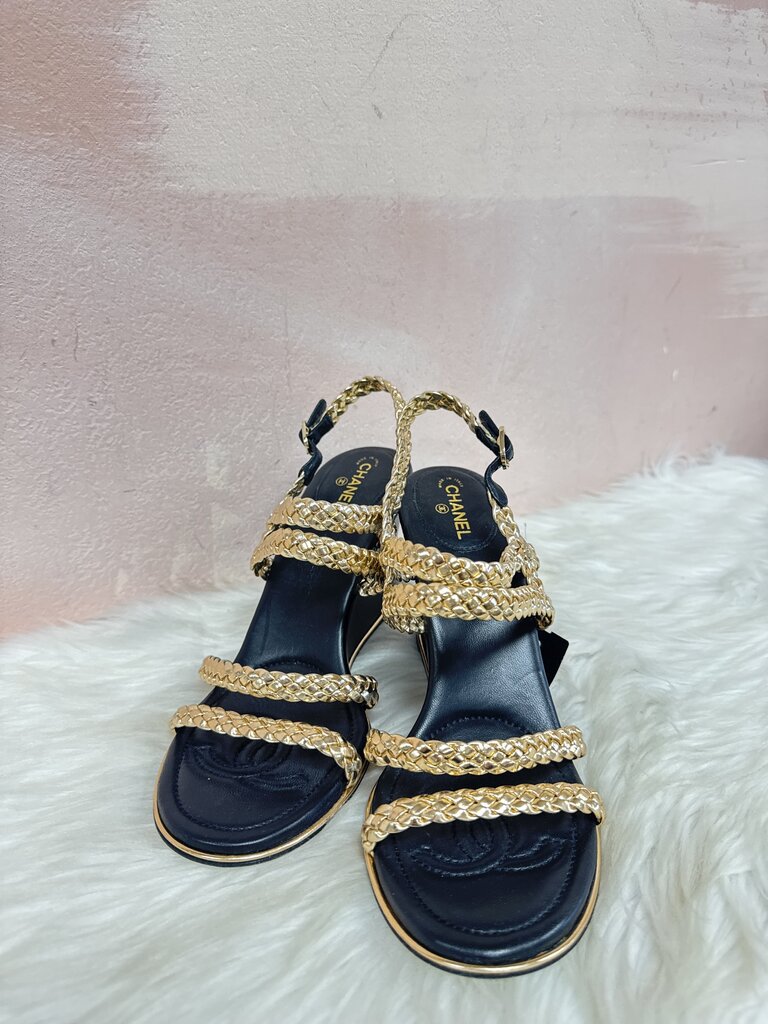 Chanel Gold Braided Interlocking Wedge Sandal