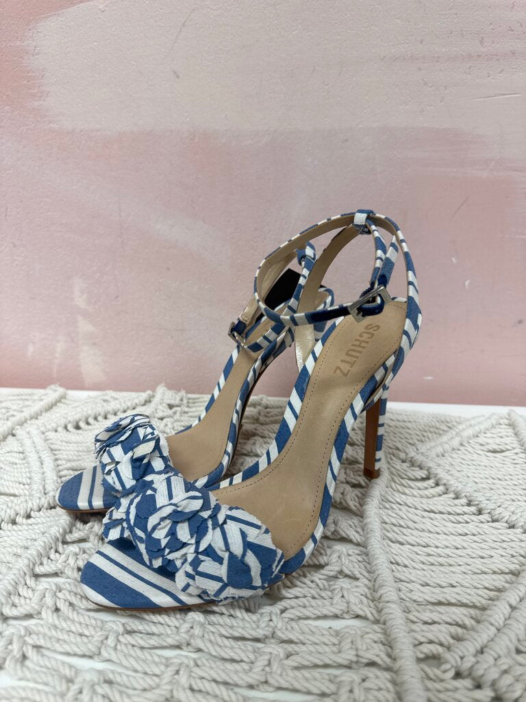 Schutz Blue and White Open Toe Heel NWT