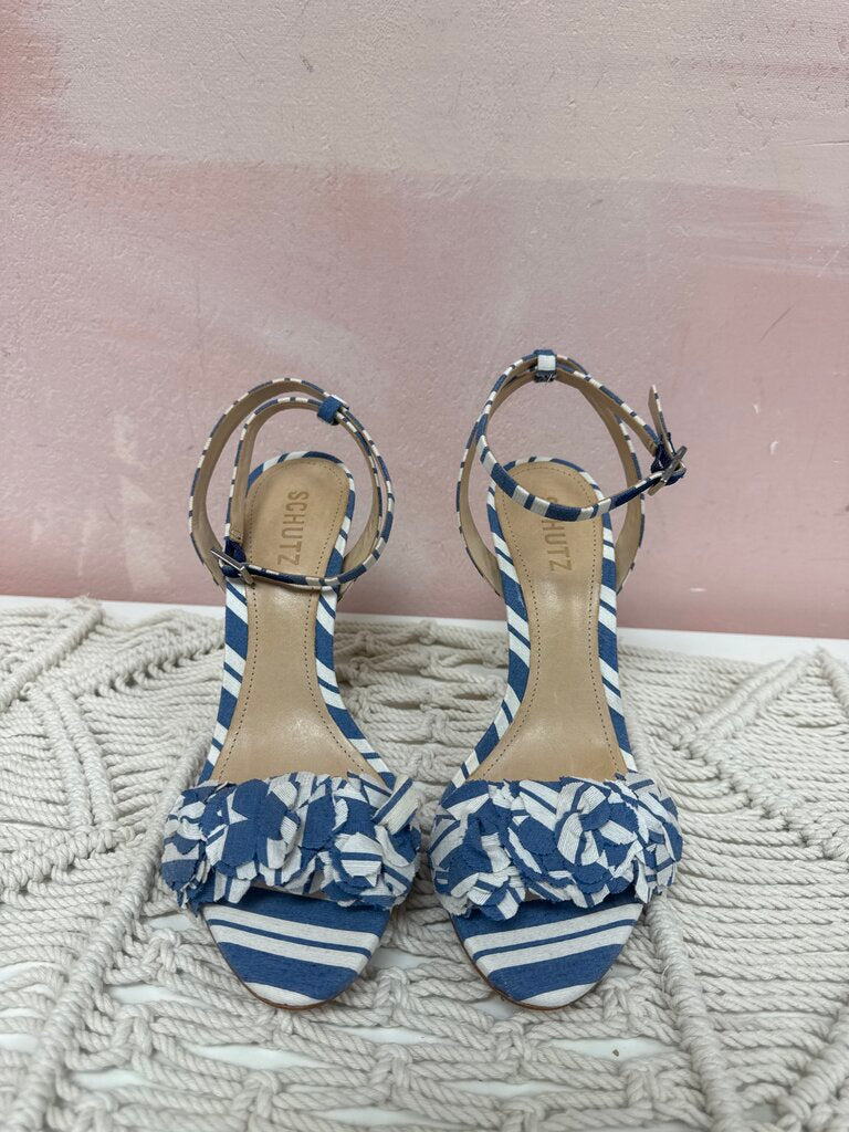 Schutz Blue and White Open Toe Heel NWT