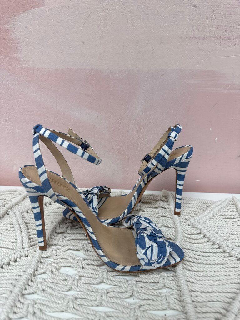 Schutz Blue and White Open Toe Heel NWT