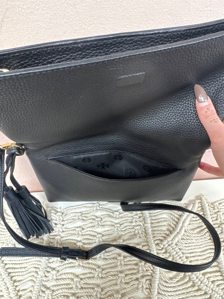 Tory Burch Black Pebbled Flap Tassel Crossbody NWT
