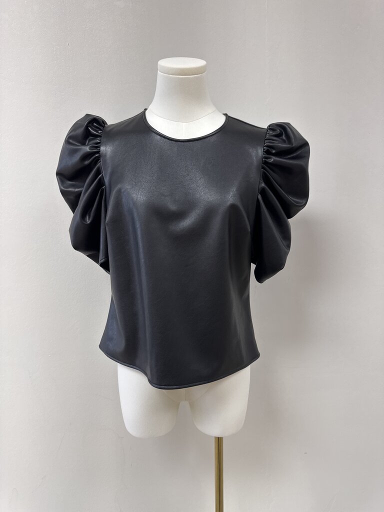 Cinq a Sept Black Faux Leather Puff Sleeve Top