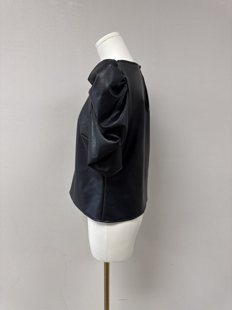 Cinq a Sept Black Faux Leather Puff Sleeve Top