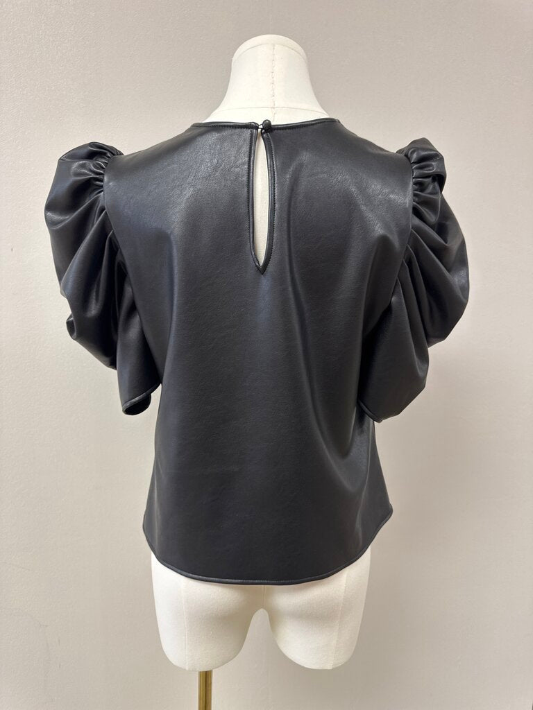 Cinq a Sept Black Faux Leather Puff Sleeve Top