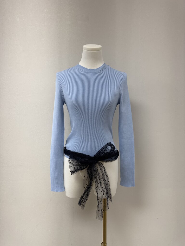 Red Valentino Blue Ribbed Lace Tie Sweater NWT