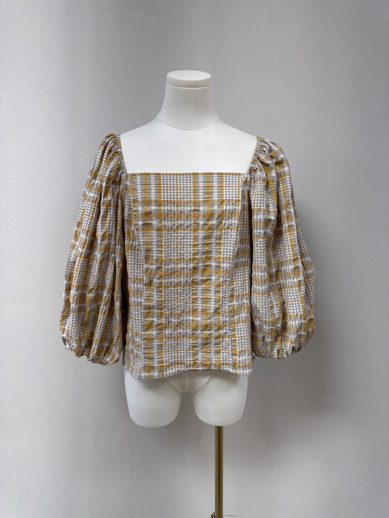 Maeve Grey Plaid Crinkle Top