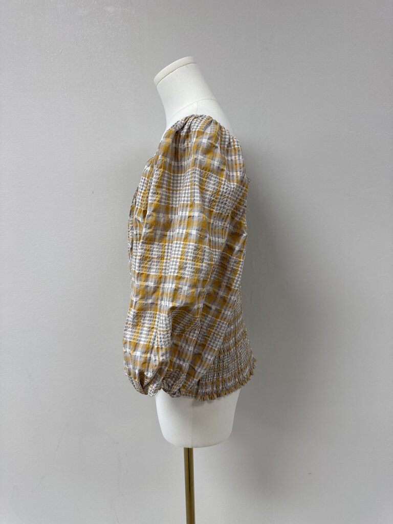 Maeve Grey Plaid Crinkle Top
