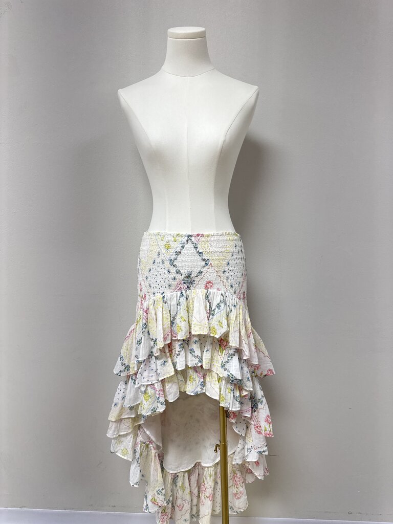 LoveShackFancy White Floral Smocked Hi Low Skirt NWT