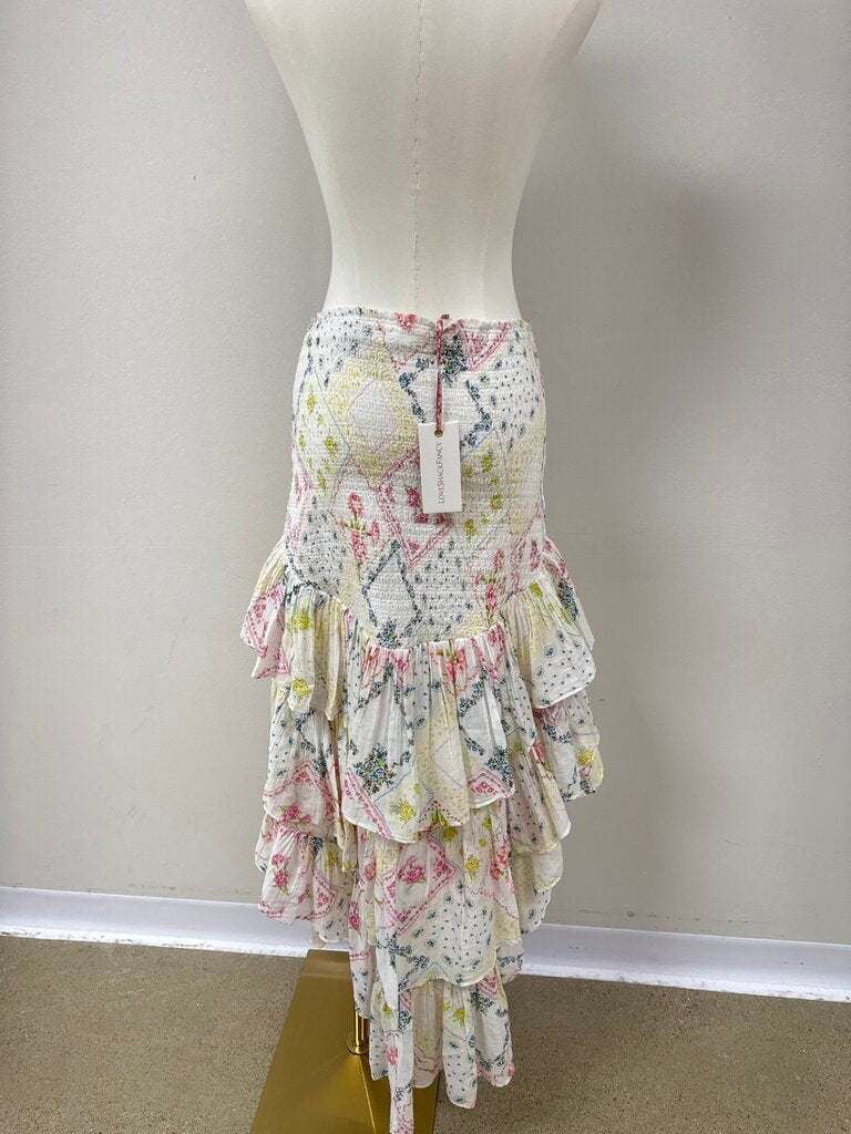 LoveShackFancy White Floral Smocked Hi Low Skirt NWT