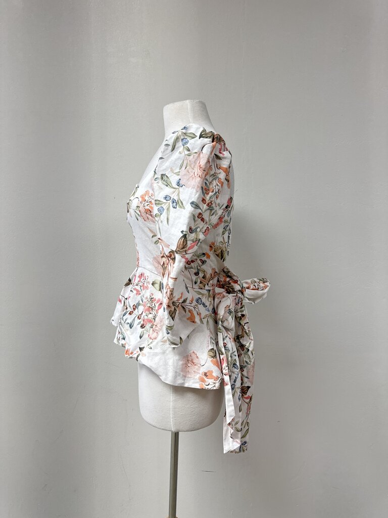 Cara Cara White Floral Puff Sleeve Linen Top