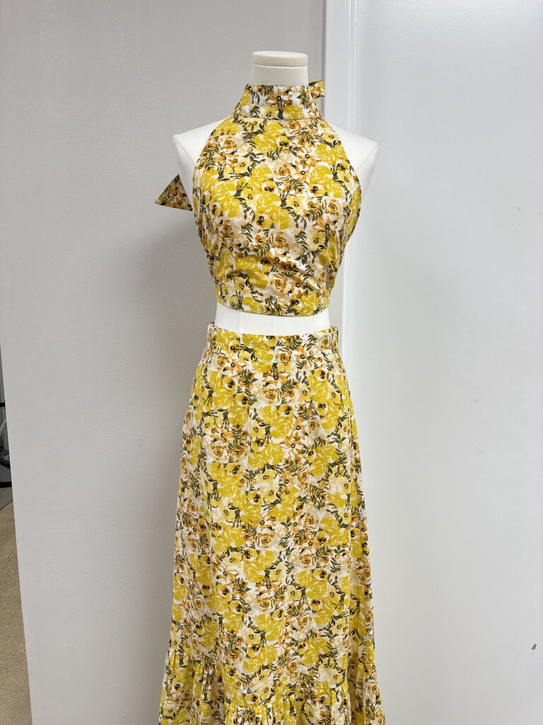 Something Navy Yellow Floral Linen Halter Top and Maxi Skirt Set