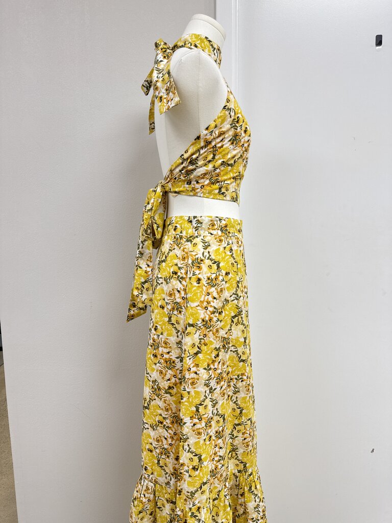 Something Navy Yellow Floral Linen Halter Top and Maxi Skirt Set