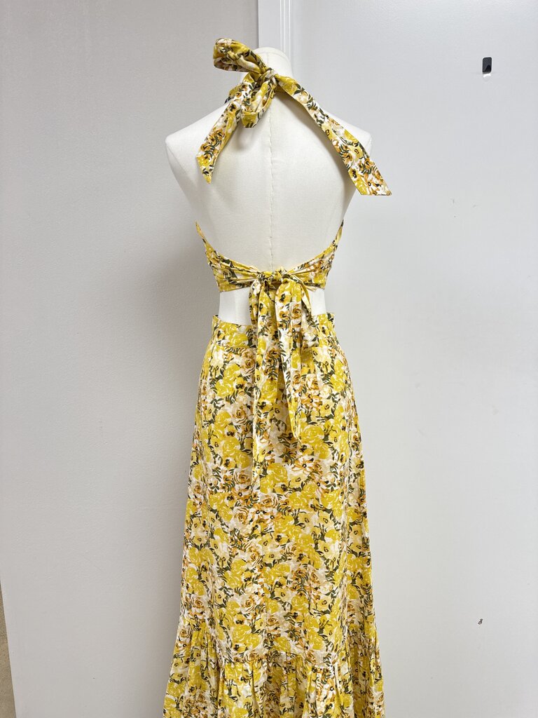 Something Navy Yellow Floral Linen Halter Top and Maxi Skirt Set