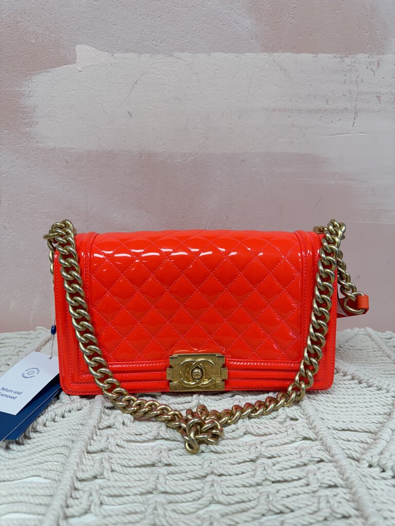 Chanel Orange Fluo Quilted Patent Medium Boy Bag '15-16