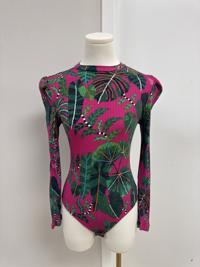 Farm Rio Pink Palm Ribbed Bodysuit