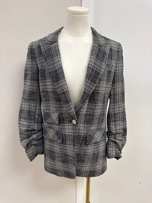 Veronica Beard Blue Plaid Ruched Sleeve Blazer
