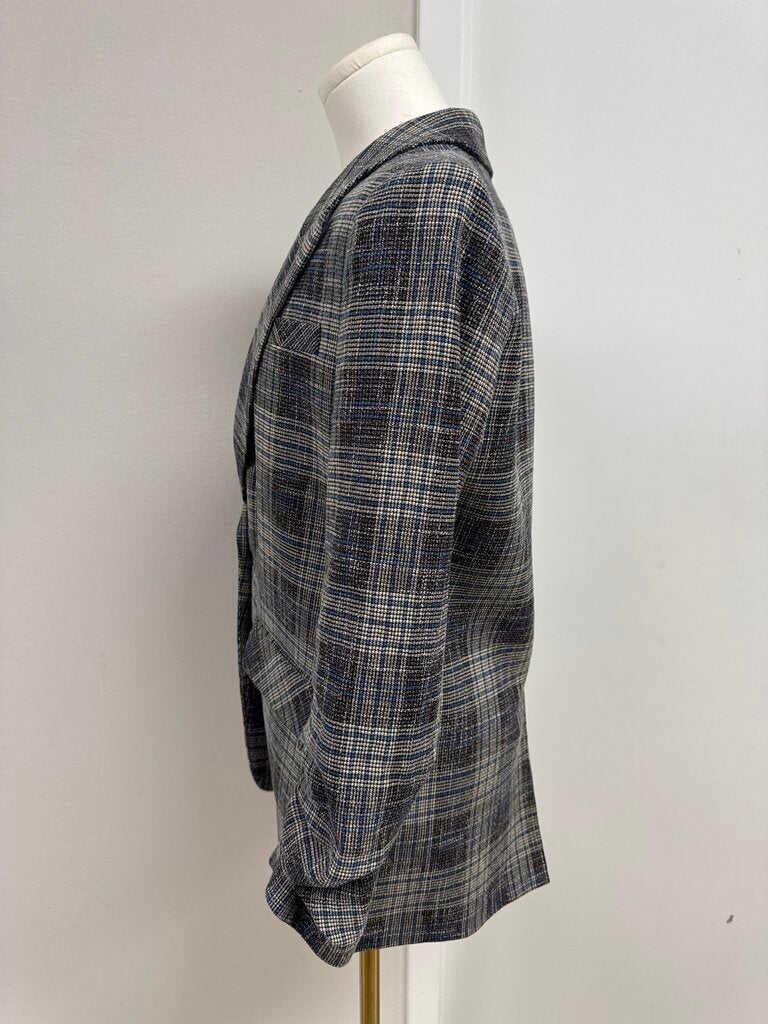 Veronica Beard Blue Plaid Ruched Sleeve Blazer