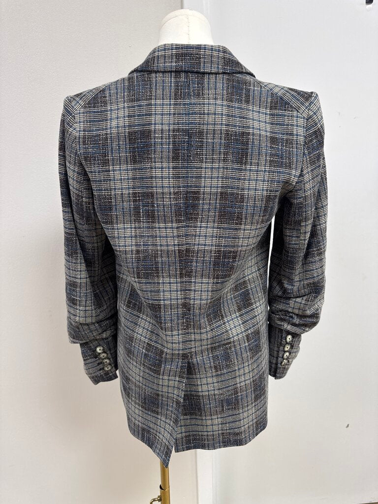 Veronica Beard Blue Plaid Ruched Sleeve Blazer