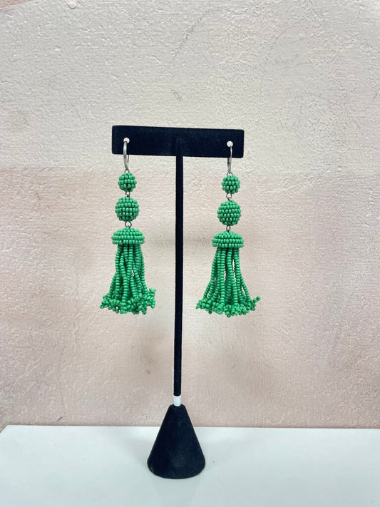 Celine Green Beaded Tassel Chandelier Earrings