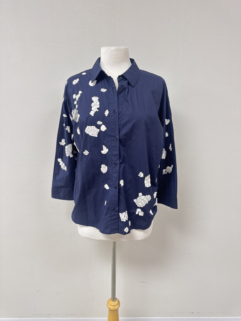 Vilagallo Blue Sequin Floral Button Up