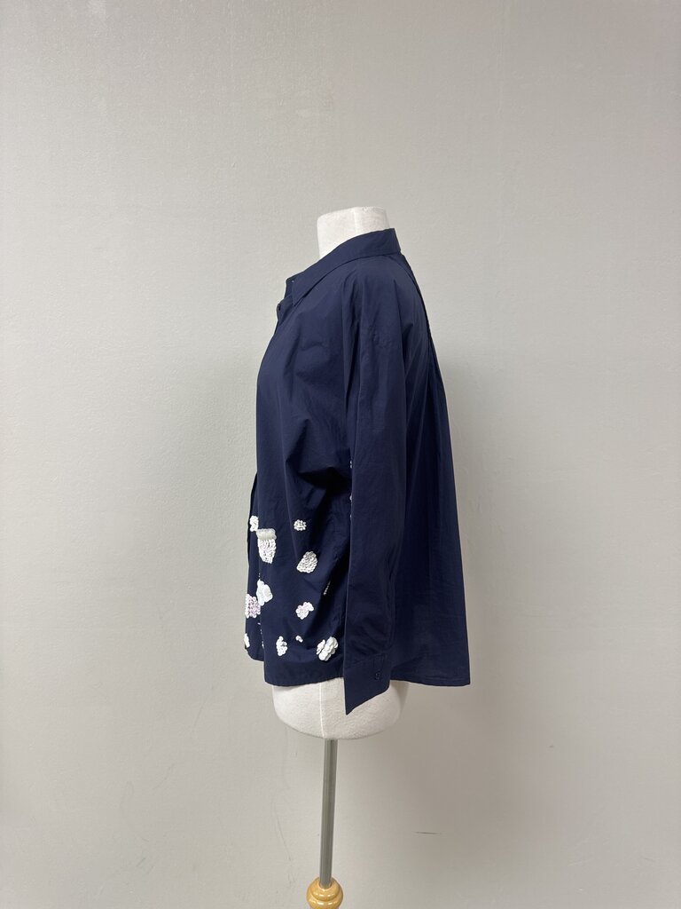 Vilagallo Blue Sequin Floral Button Up