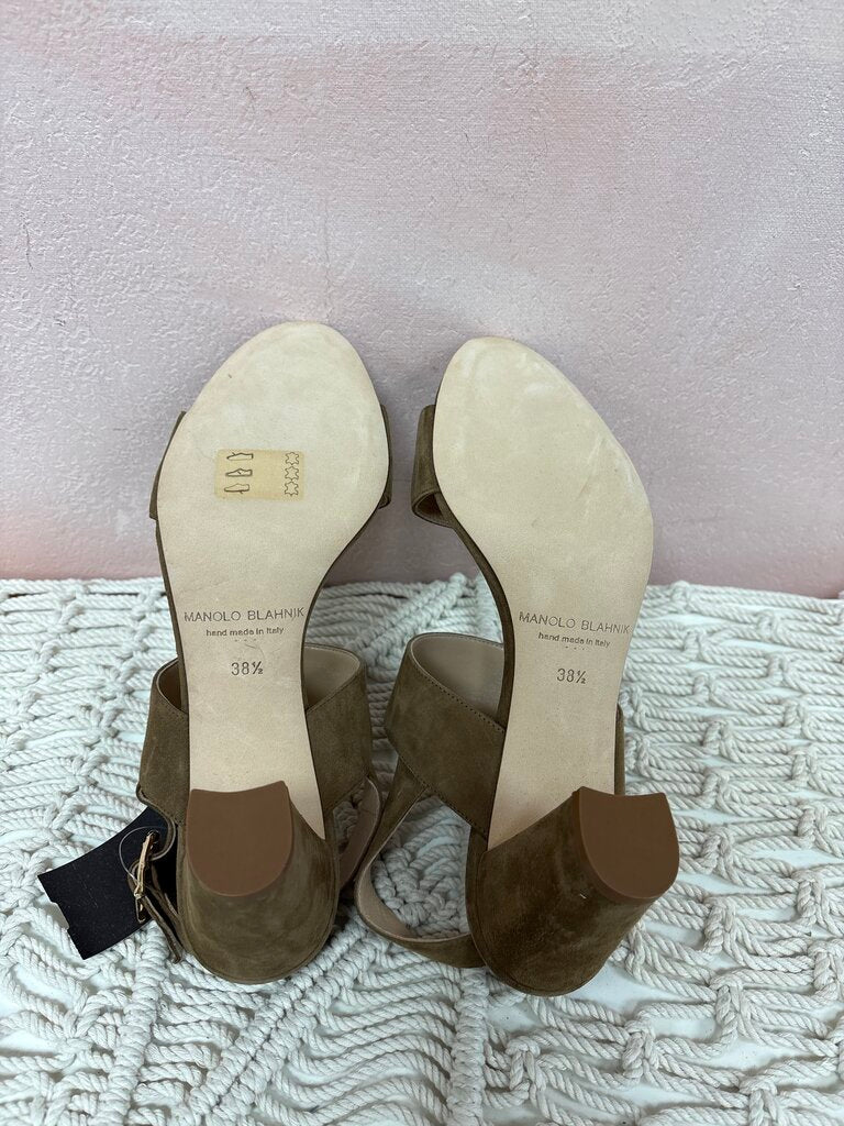 Manolo Taupe Suede Block Heel Sandal