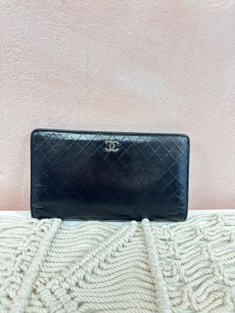 Chanel Black Embossed Quilted Long Flap Wallet