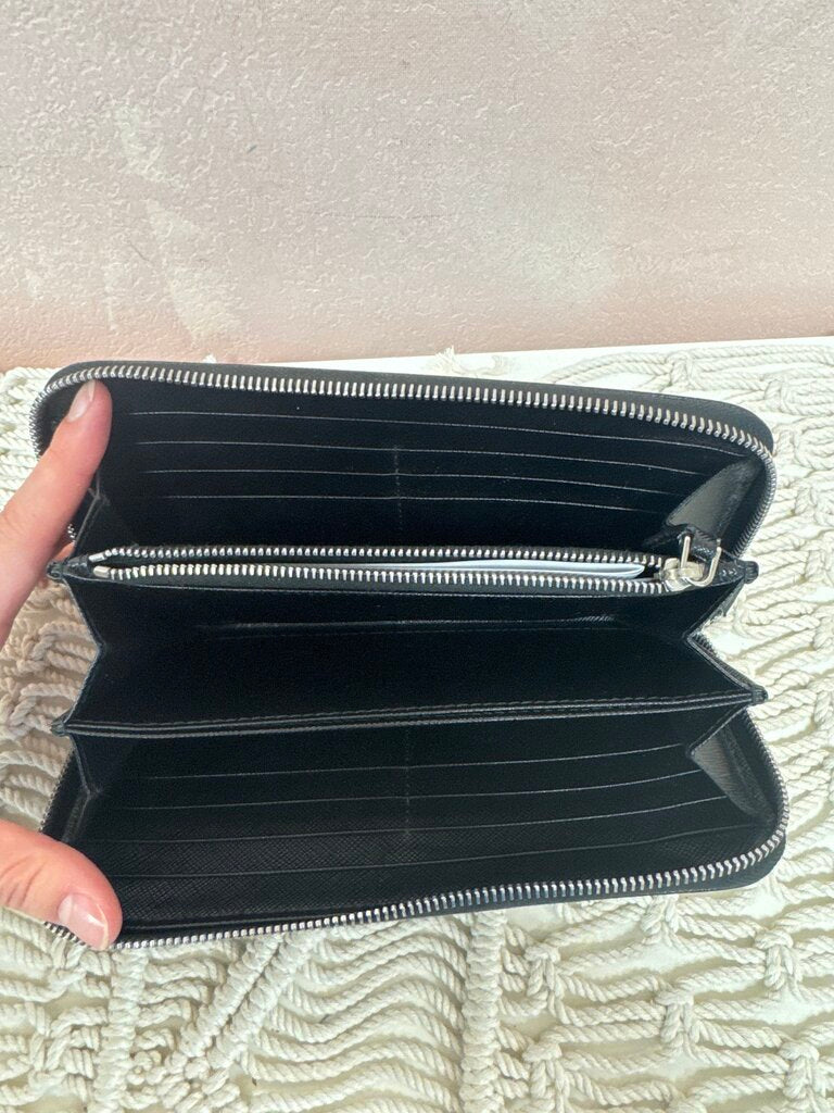 Prada Black Saffiano Triangle Zip Around Continental Wallet