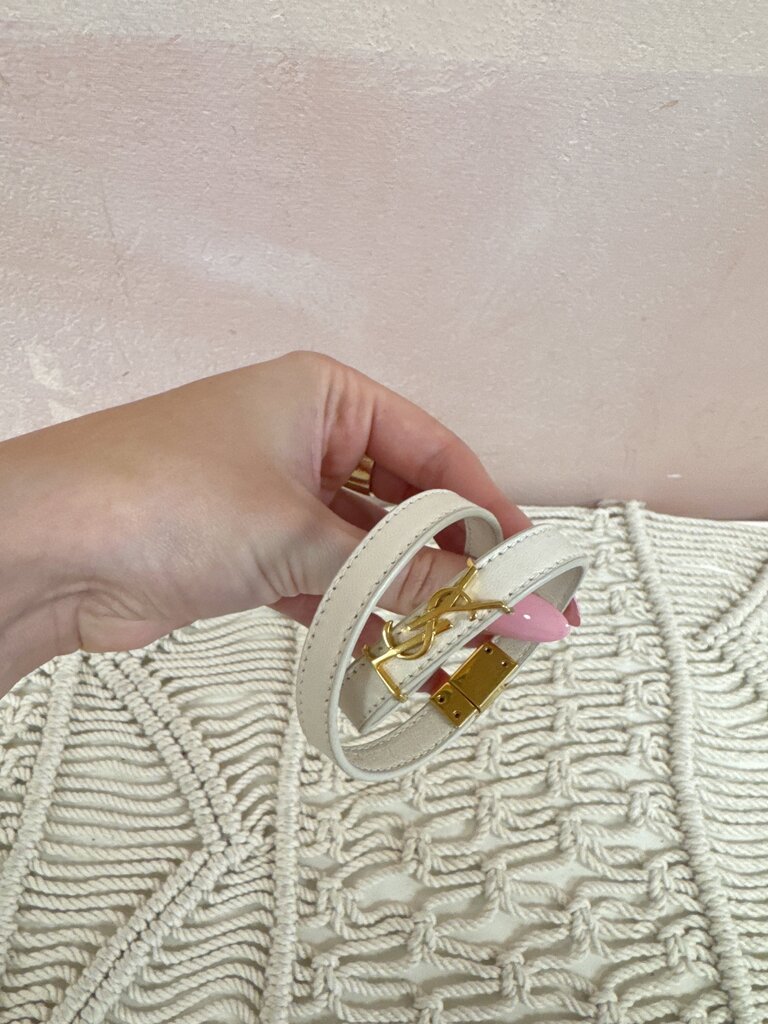 YSL White Leather Double Wrap Bracelet