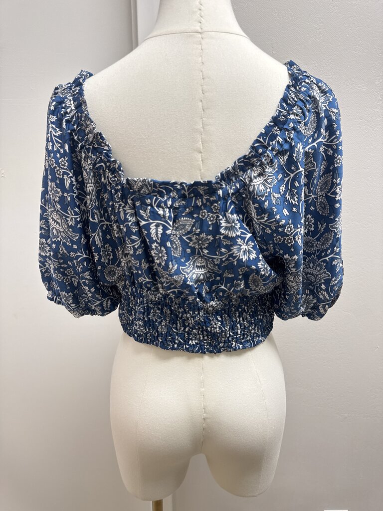 Joie Blue Floral Cropped Puff Sleeve Top
