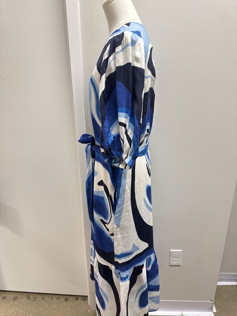 Galeria Blue Swirl Linen Belted Dress NWT