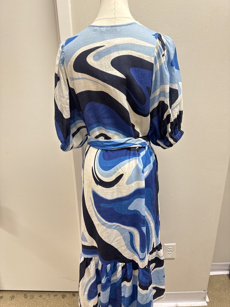 Galeria Blue Swirl Linen Belted Dress NWT