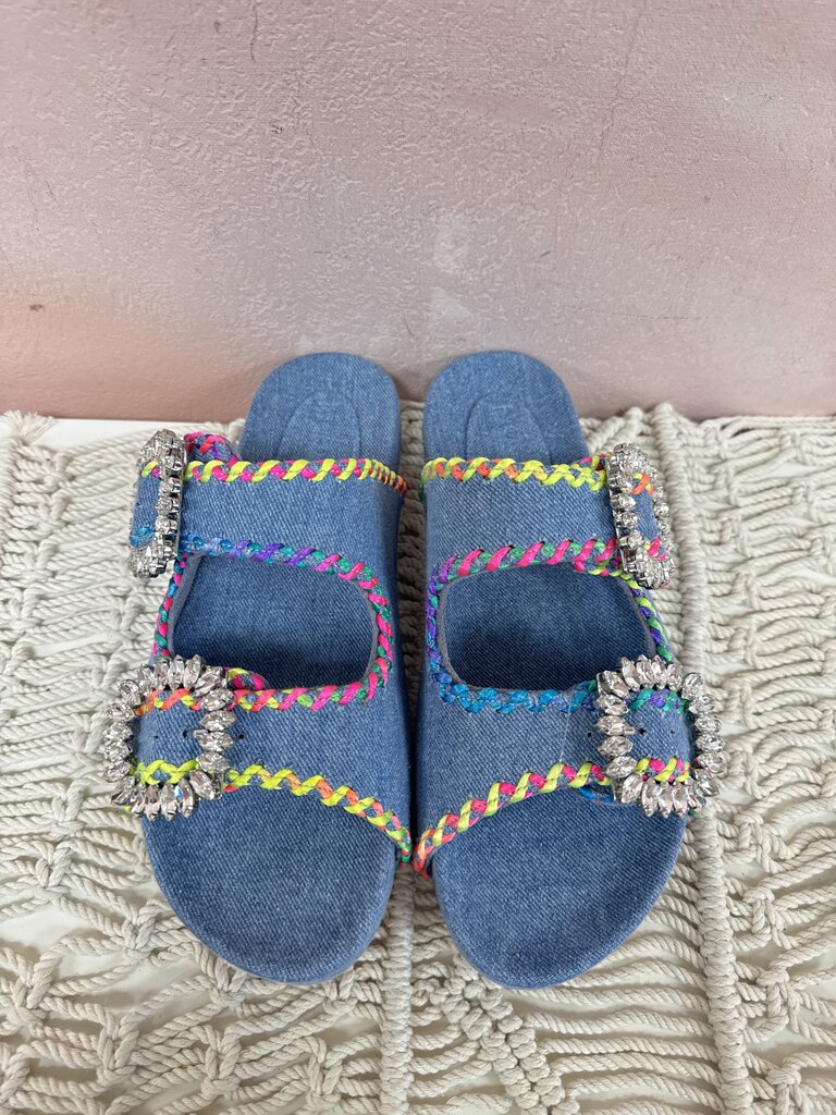 Mystique Denim and Rhinestone Buckle Sandal
