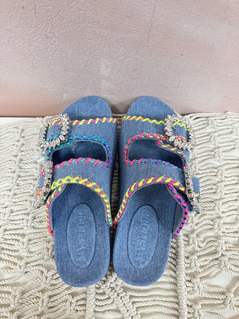 Mystique Denim and Rhinestone Buckle Sandal