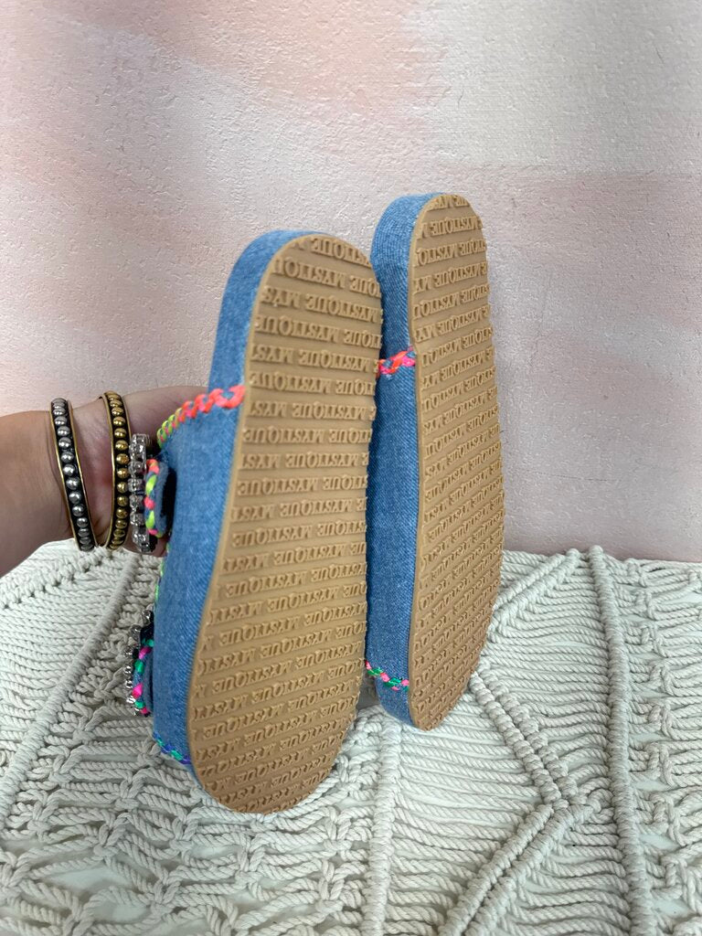 Mystique Denim and Rhinestone Buckle Sandal