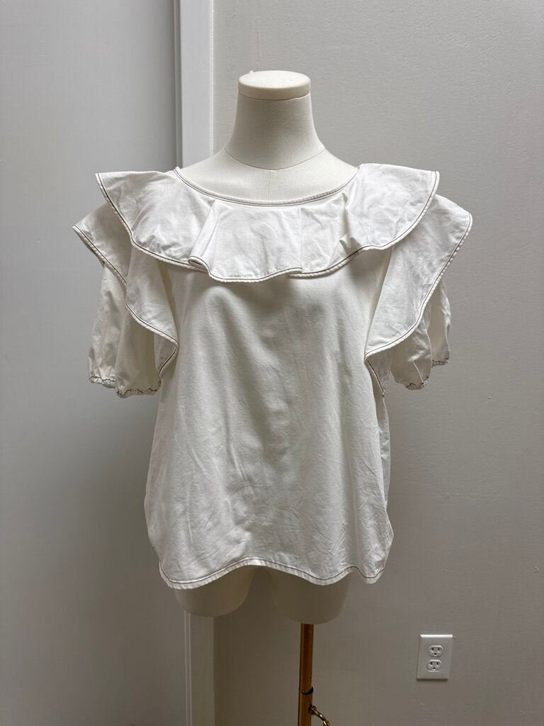 Something Navy White Piped Stitched Ruffle Blouse