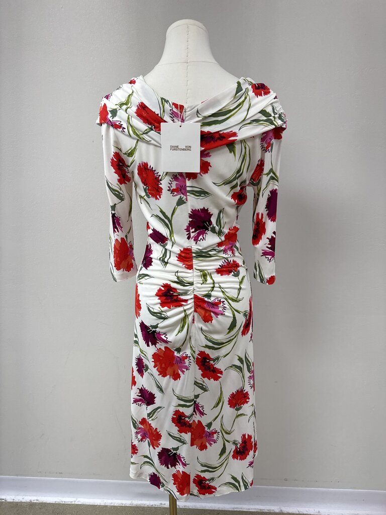 DVF White Floral Ruched Jersey Dress NWT