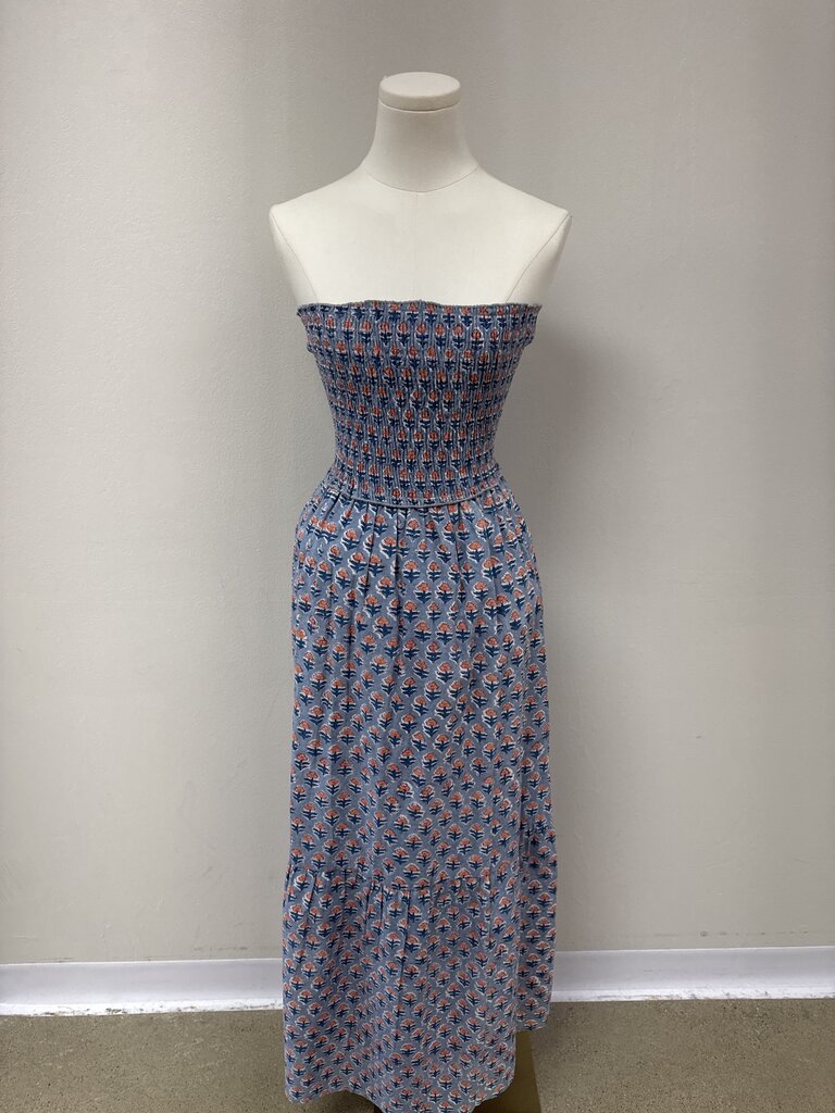 Perry Walker Slate Blue Printed Strapless Hankerchief Dress