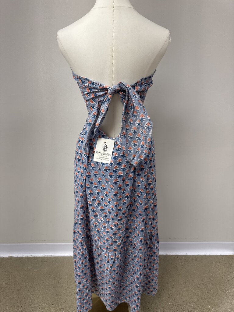 Perry Walker Slate Blue Printed Strapless Hankerchief Dress