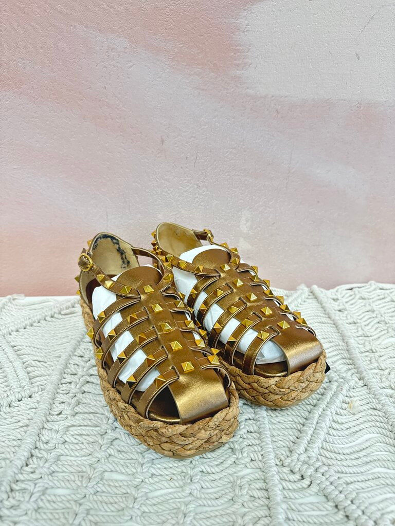 Valentino Gold Rockstud Fisherman Espadrille NWT