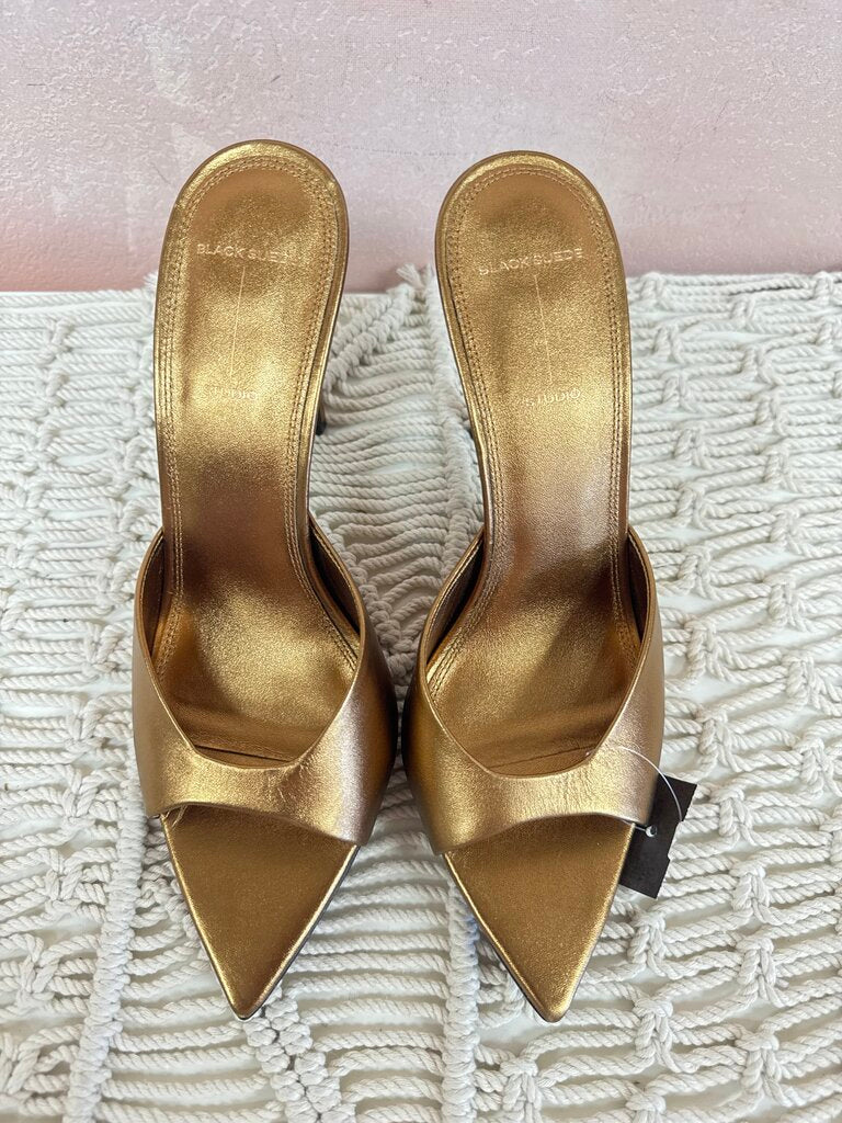Black Suede Studio Gold Mule Heel
