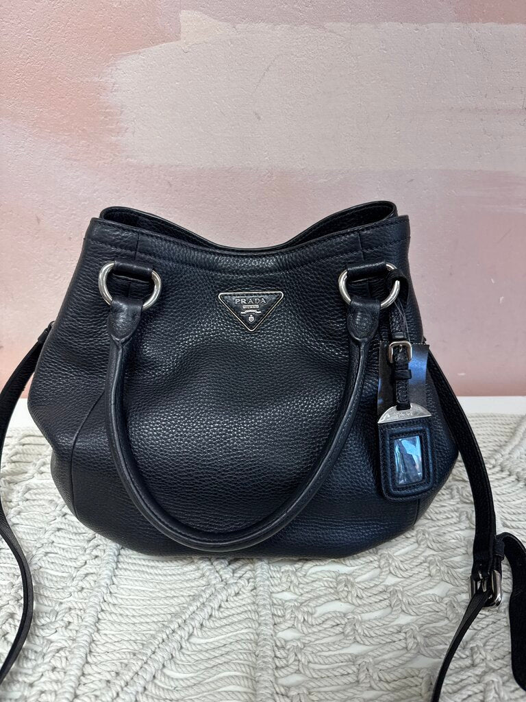 Prada Black Pebbled Hobo Style Shoulder Bag