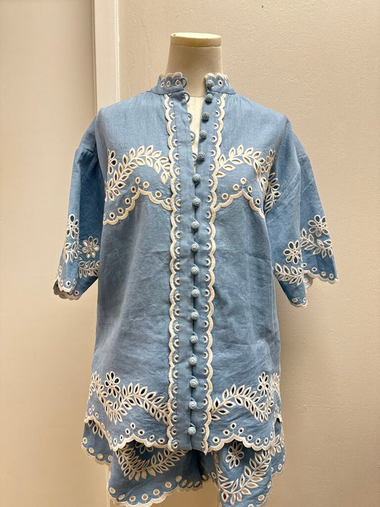 Zimmermann Slate Blue Linen Eyelet Shorts Set