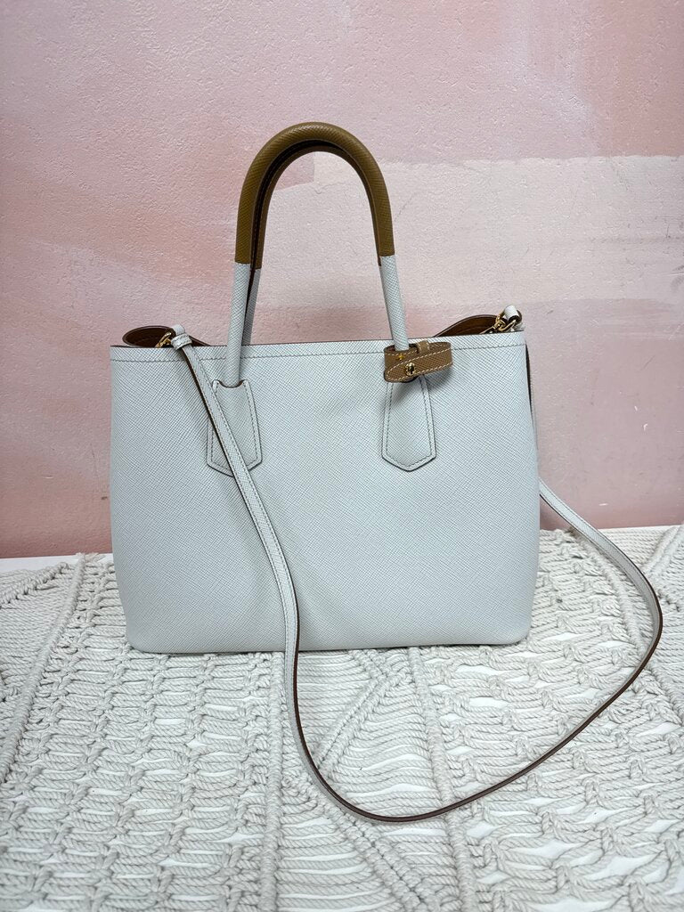 Prada Beige Bi Color Saffiano Cuir Medium Double Bag