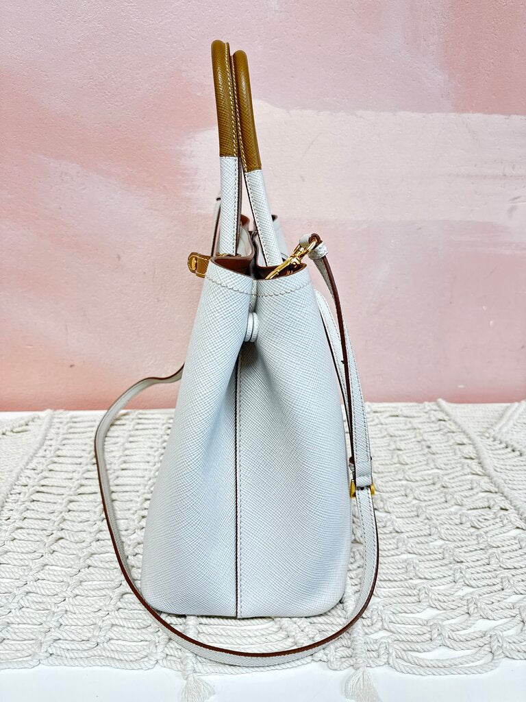 Prada Beige Bi Color Saffiano Cuir Medium Double Bag