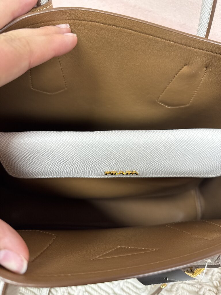 Prada Beige Bi Color Saffiano Cuir Medium Double Bag